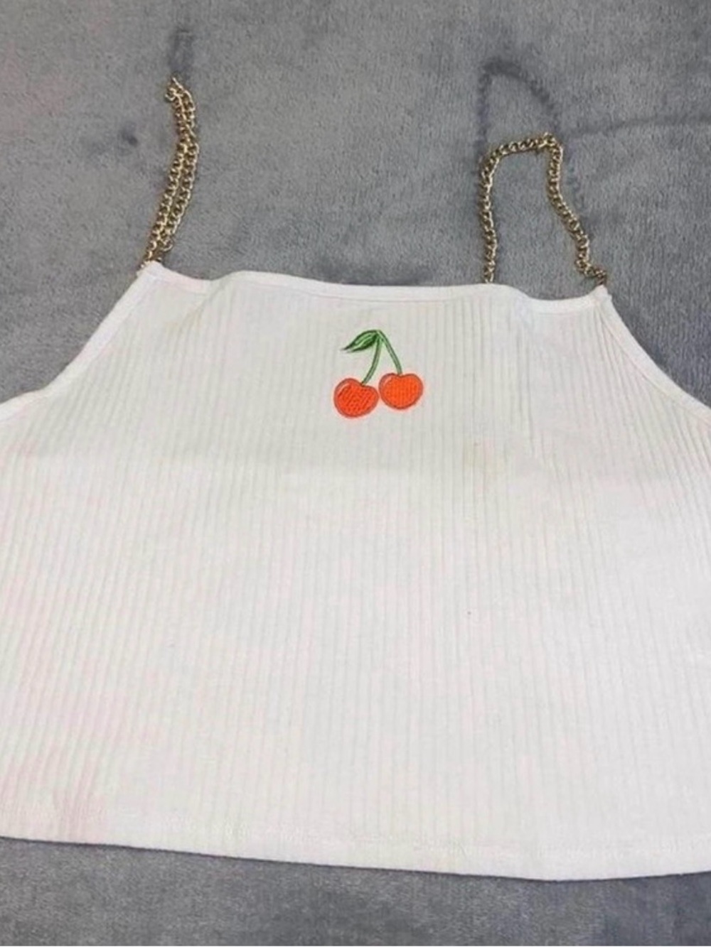 White Cherry Embroidered Chain Strap Cami Top